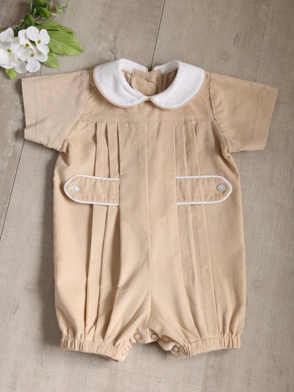 Boy's Khaki Pinwale Corduroy Button Tab Romper Fall Classic Preppy Boutique NWT